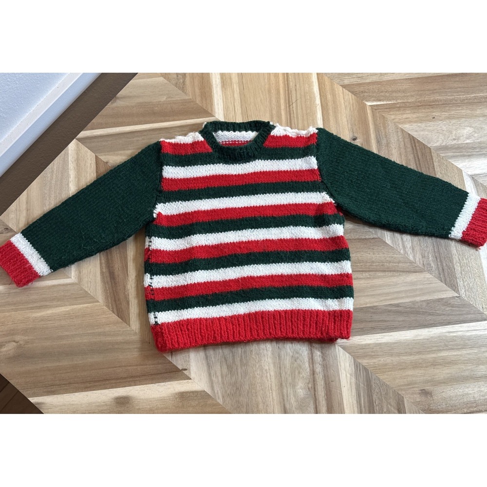 Handknit Baby/Toddler XMAS Sweater‎ 70s Red Green White Soft Wool 12-18 Months